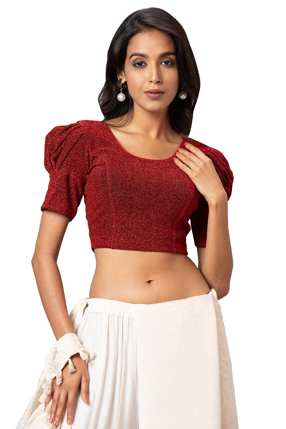 Buy Women's Red Cotton Lycra Readymade Saree Blouse Online