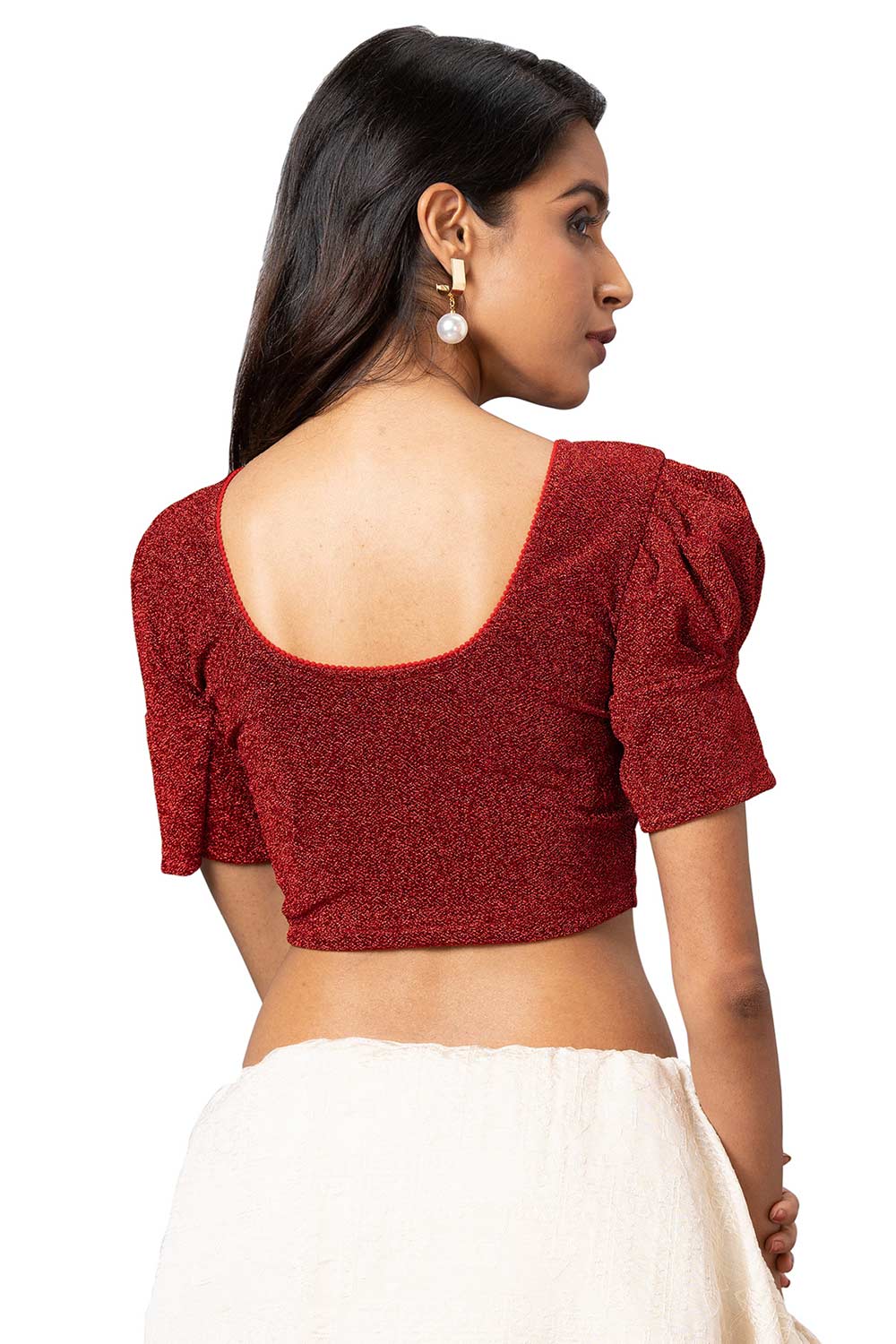 Buy Women's Red Cotton Lycra Readymade Saree Blouse Online - Back