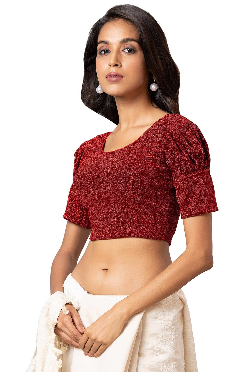 Buy Women's Red Cotton Lycra Readymade Saree Blouse Online - Front