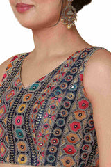 Buy Women's Navy Blue Silk Readymade Saree Blouse Online - Zoom In