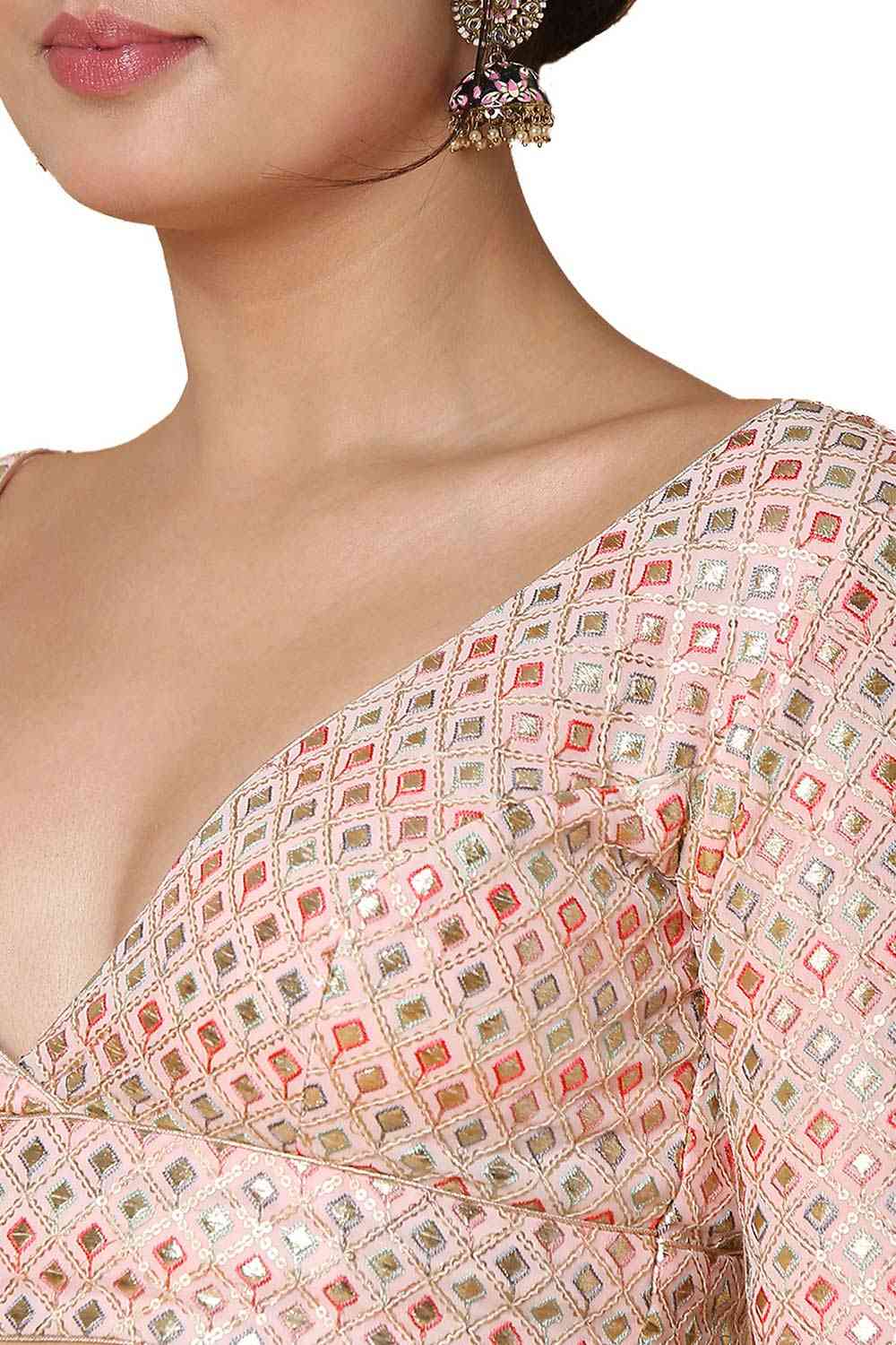 Buy Women's Peach Georgette Readymade Saree Blouse Online - Zoom In