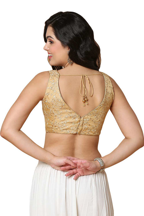 Buy Women's Gold Mulbury Silk Readymade Saree Blouse Online - Back