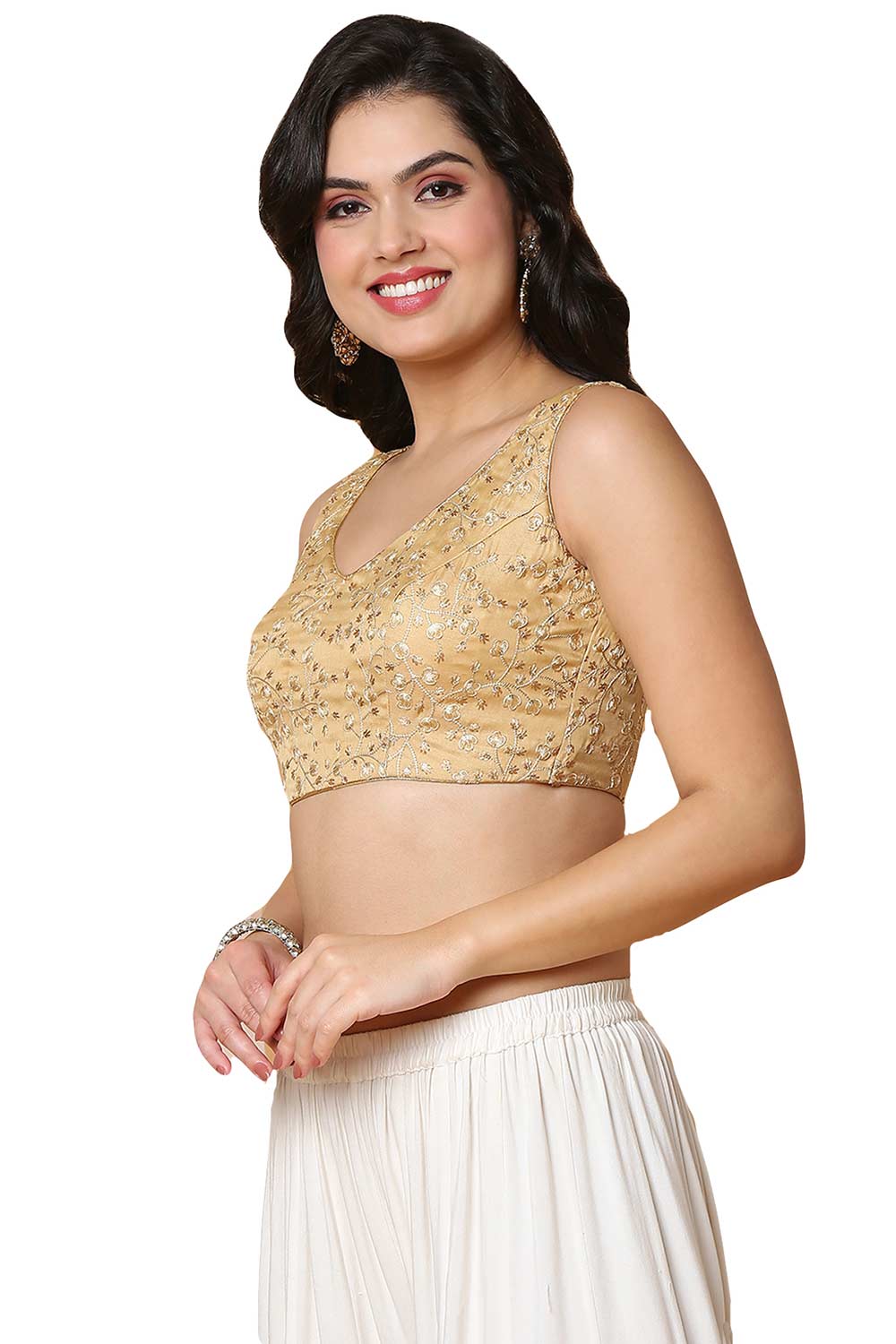 Buy Women's Gold Mulbury Silk Readymade Saree Blouse Online - Front