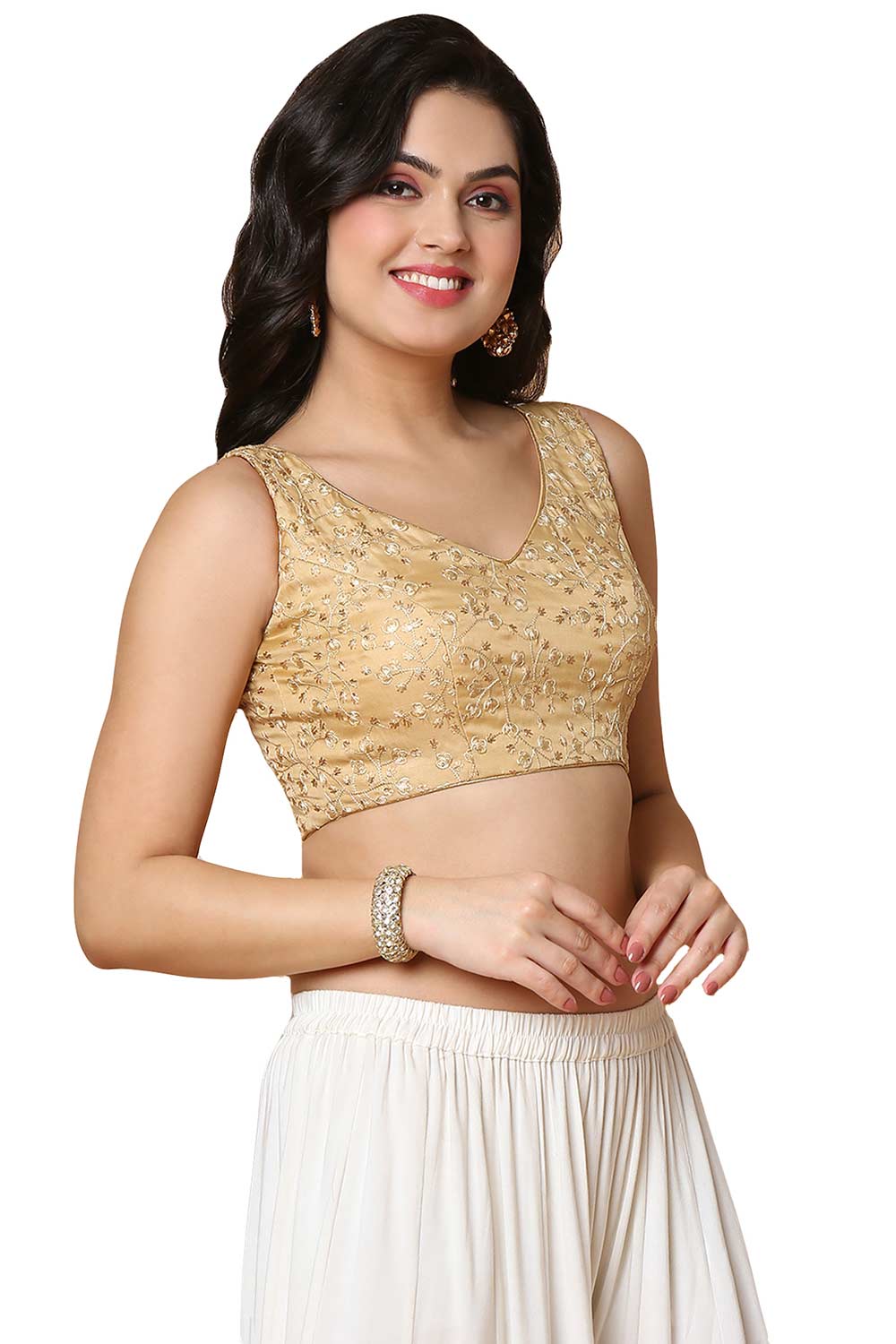 Buy Women's Gold Mulbury Silk Readymade Saree Blouse Online - Side