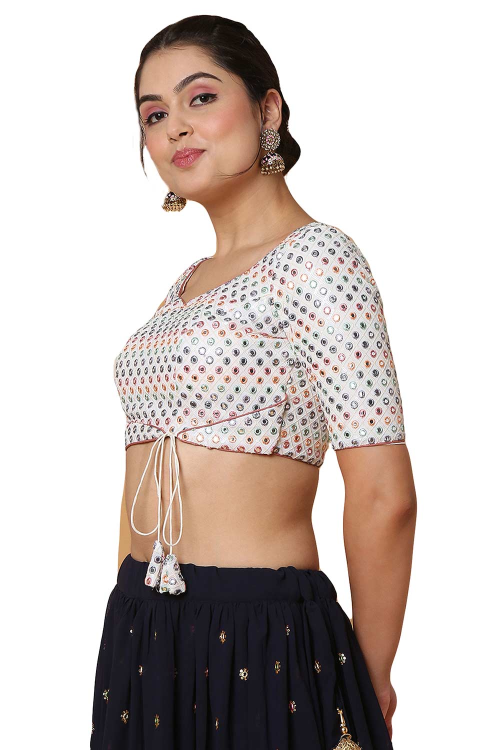 Buy Women's Off White Georgette Readymade Saree Blouse Online - Front