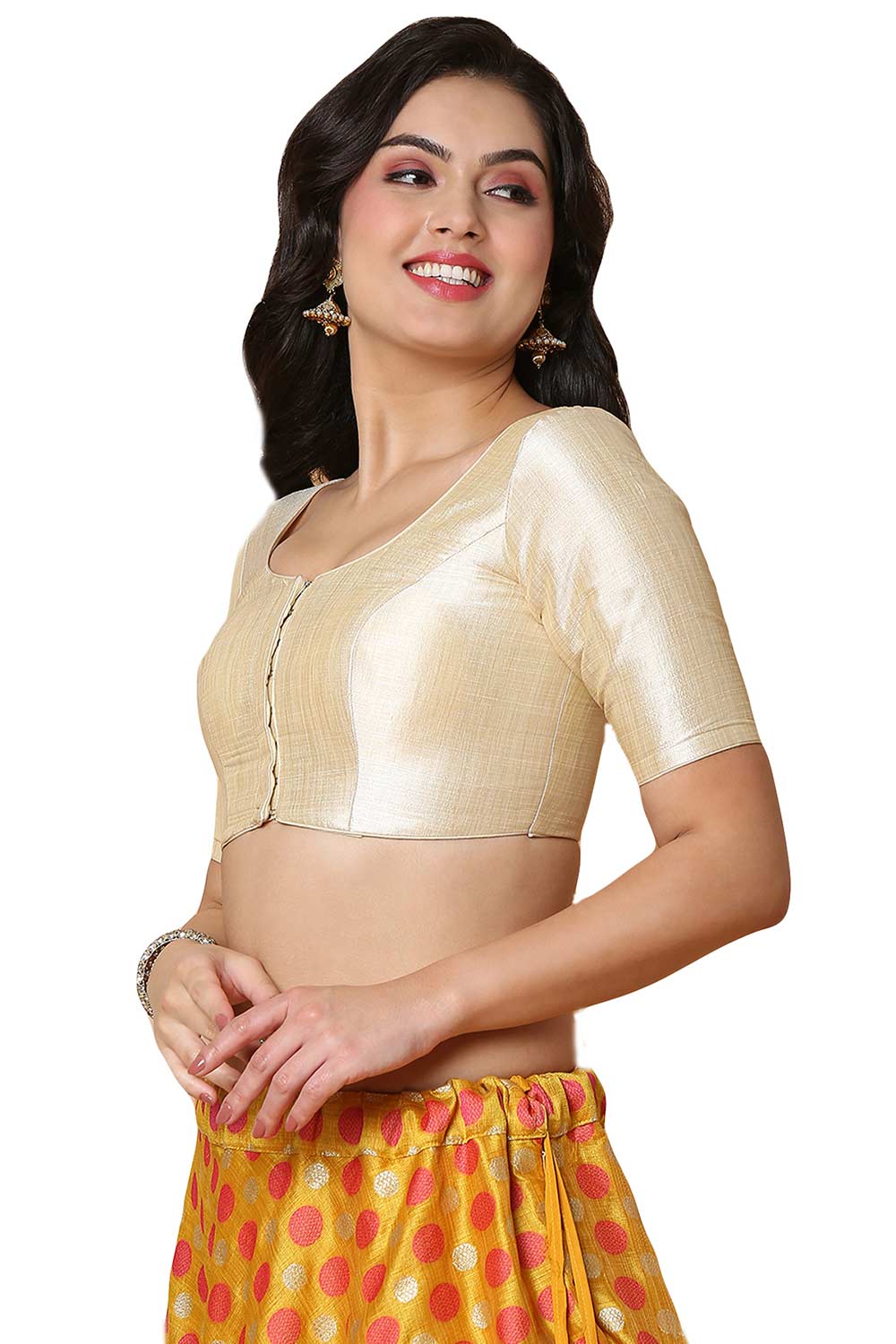 Buy Women's Light Gold Mulbury Silk Readymade Saree Blouse Online - Front