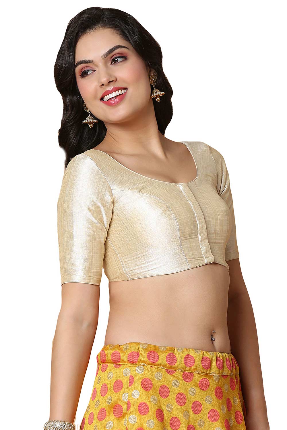 Buy Women's Light Gold Mulbury Silk Readymade Saree Blouse Online - Side