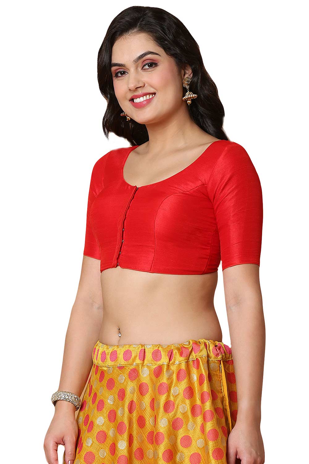 Buy Women's Red Mulbury Silk Readymade Saree Blouse Online - Front