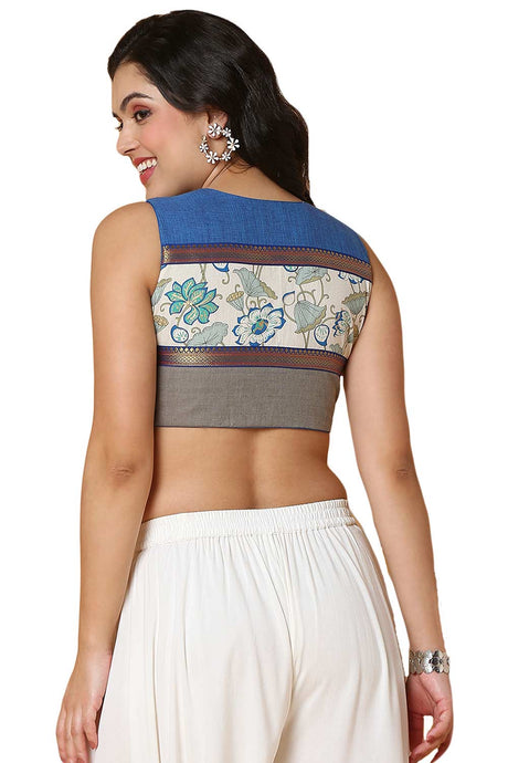 Buy Women's Blue Handloom Cotton Readymade Saree Blouse Online - Back