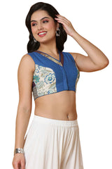 Buy Women's Blue Handloom Cotton Readymade Saree Blouse Online - Side