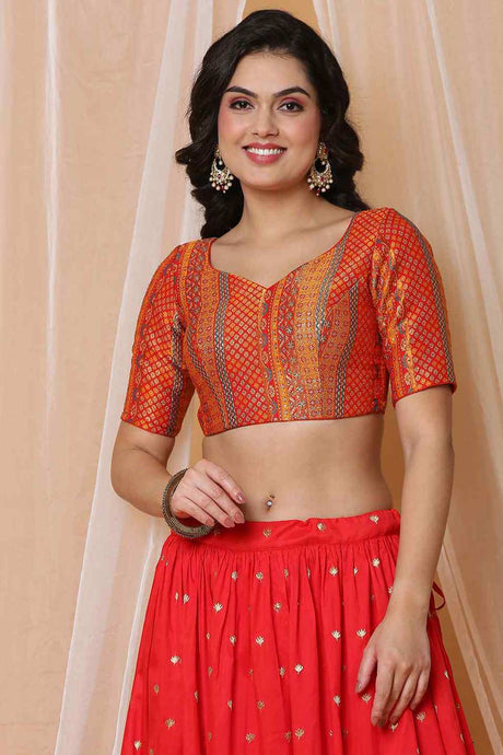 Buy Red Brocade Readymade Saree Blouse Online - KARMAPLACE