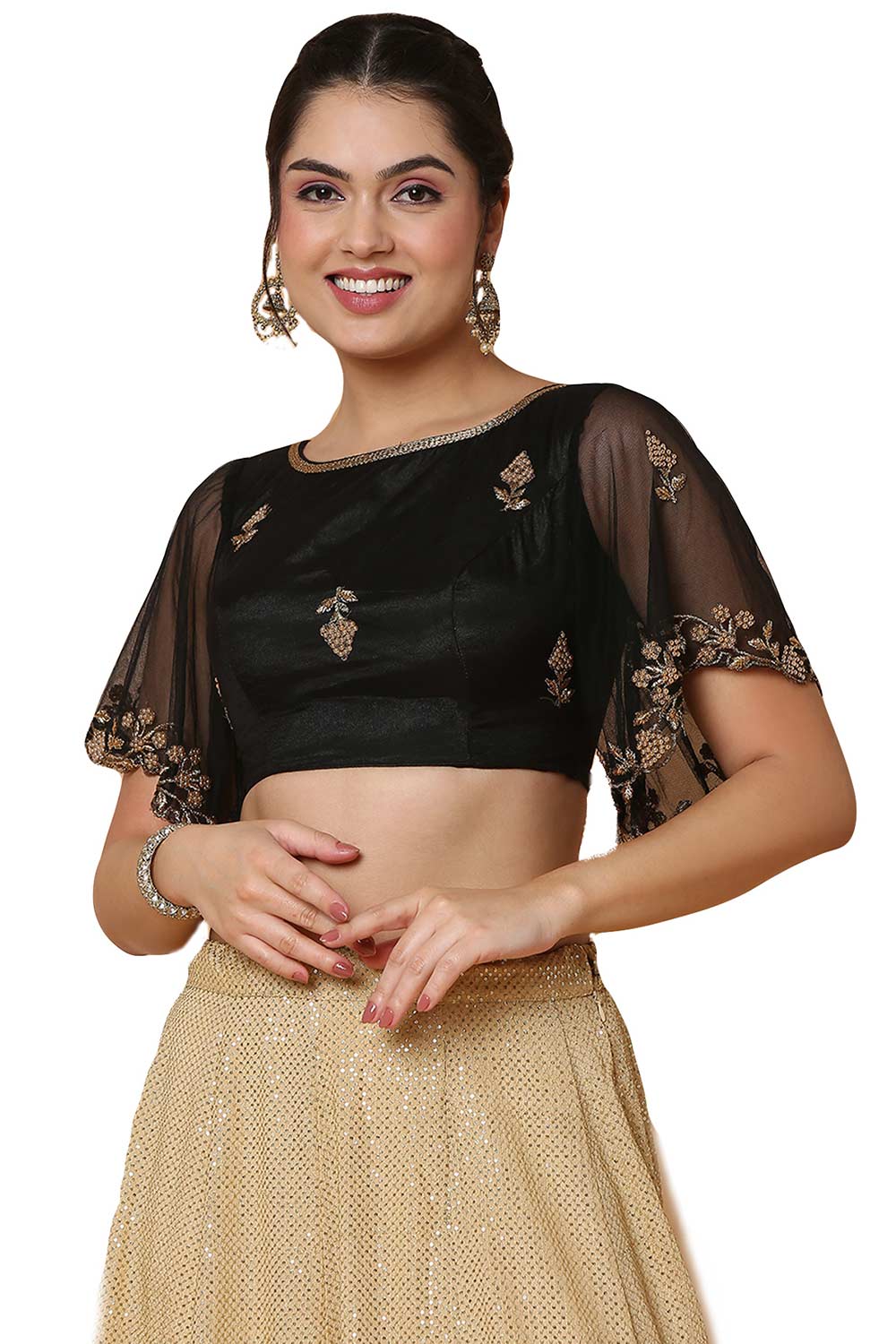 Buy Women's Black Net Readymade Saree Blouse Online