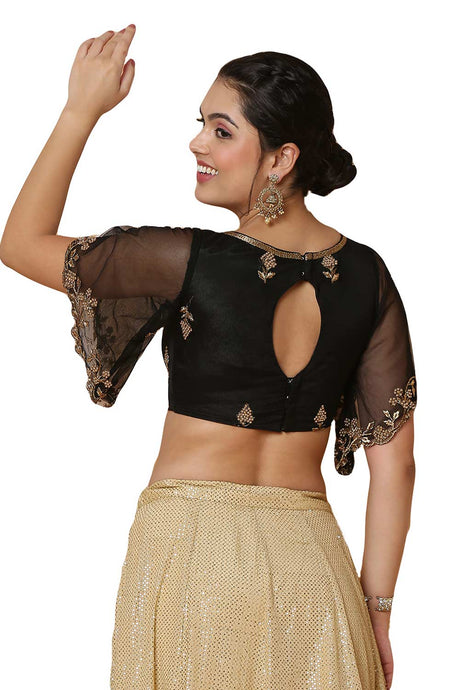 Buy Women's Black Net Readymade Saree Blouse Online - Back