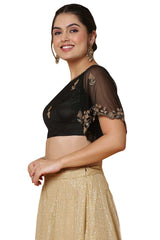 Buy Women's Black Net Readymade Saree Blouse Online - Front