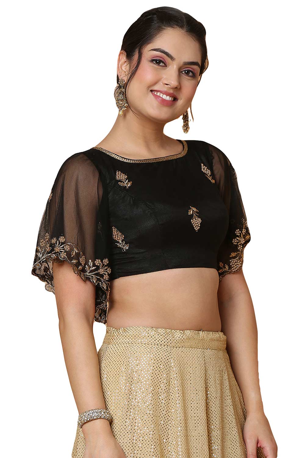 Buy Women's Black Net Readymade Saree Blouse Online - Side