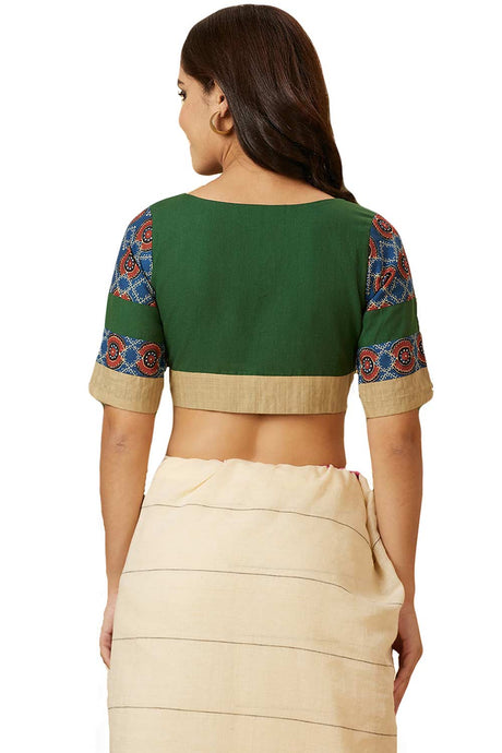 Buy Women's Green Handloom Cotton Readymade Saree Blouse Online - Back