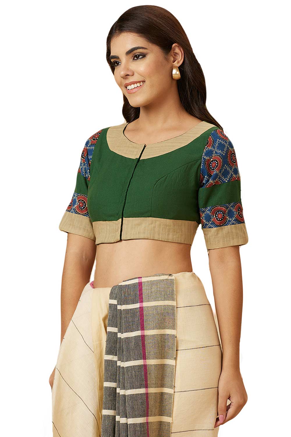 Buy Women's Green Handloom Cotton Readymade Saree Blouse Online - Front