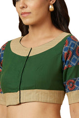 Buy Women's Green Handloom Cotton Readymade Saree Blouse Online - Side