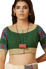 Buy Women's Green Handloom Cotton Readymade Saree Blouse Online - Zoom In