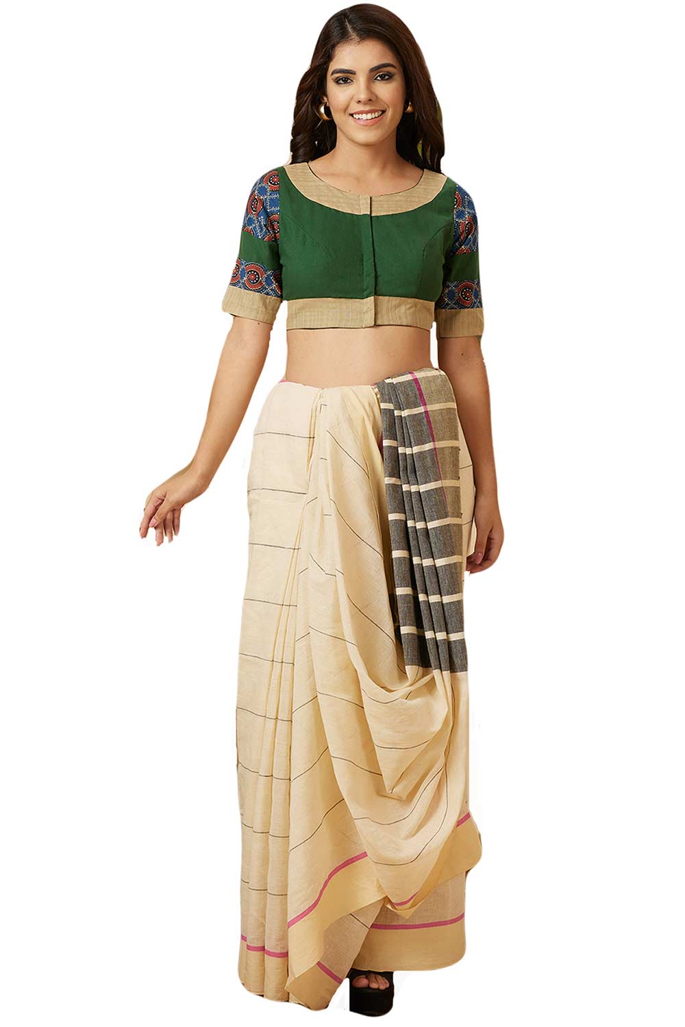 Buy Women's Green Handloom Cotton Readymade Saree Blouse Online - Zoom Out