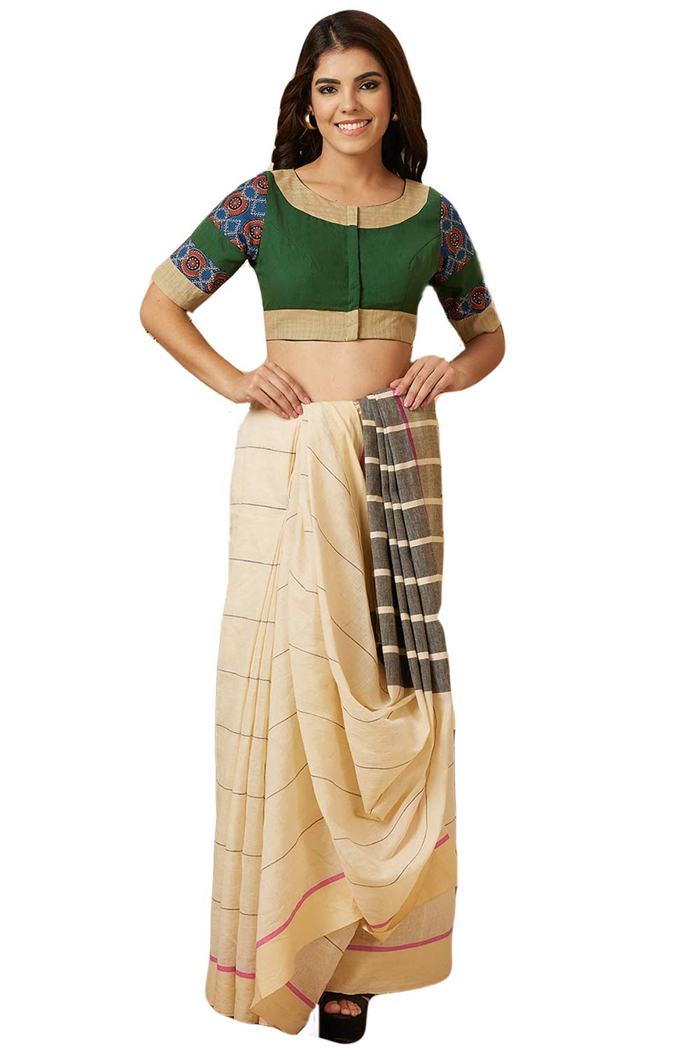 Buy Women's Green Handloom Cotton Readymade Saree Blouse