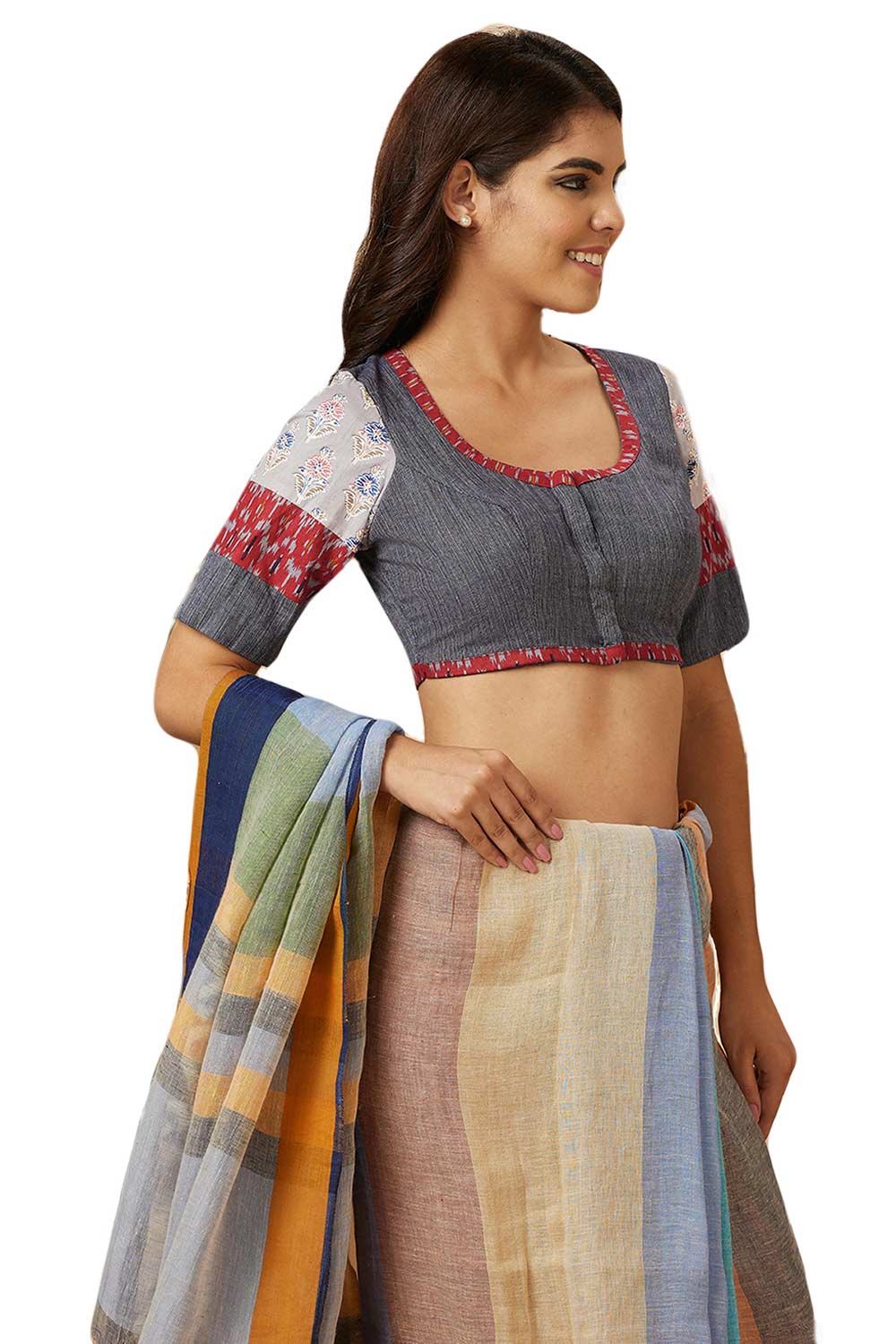 Buy Women's Grey Handloom Cotton Readymade Saree Blouse Online - Front