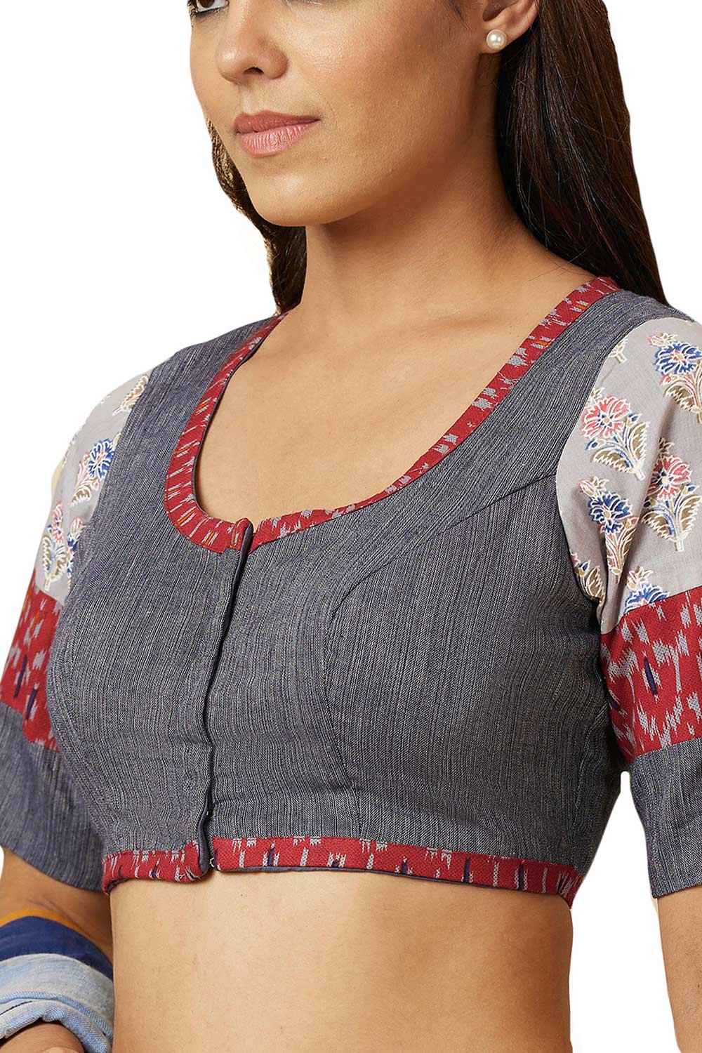 Buy Women's Grey Handloom Cotton Readymade Saree Blouse Online - Side