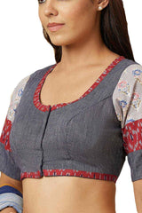 Buy Women's Grey Handloom Cotton Readymade Saree Blouse Online - Side