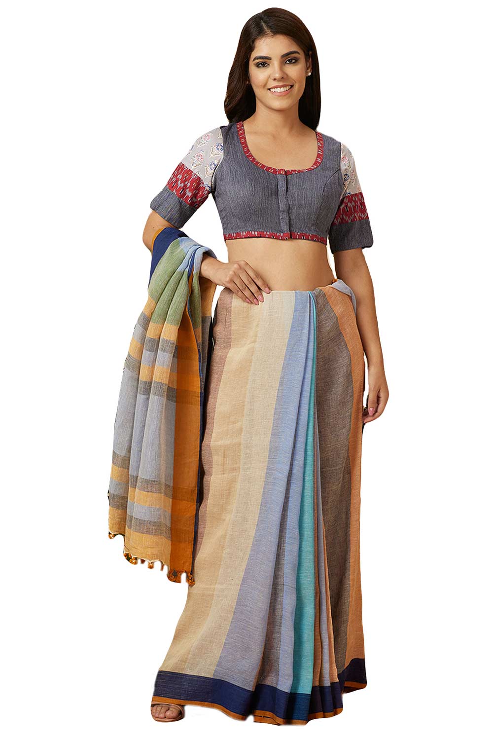 Buy Women's Grey Handloom Cotton Readymade Saree Blouse Online - Zoom In