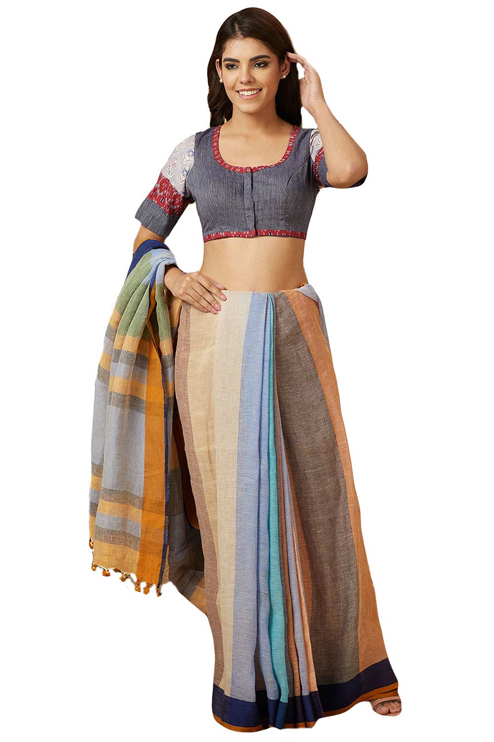 Buy Women's Grey Handloom Cotton Readymade Saree Blouse Online - Zoom Out