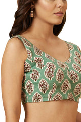 Buy Women's Green Cotton Readymade Saree Blouse Online - Side