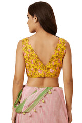 Buy Women's Yellow Cotton Readymade Saree Blouse Online - Back