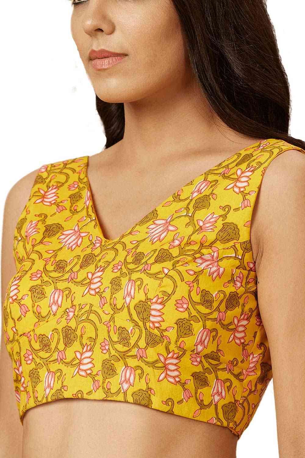 Buy Women's Yellow Cotton Readymade Saree Blouse Online - Side