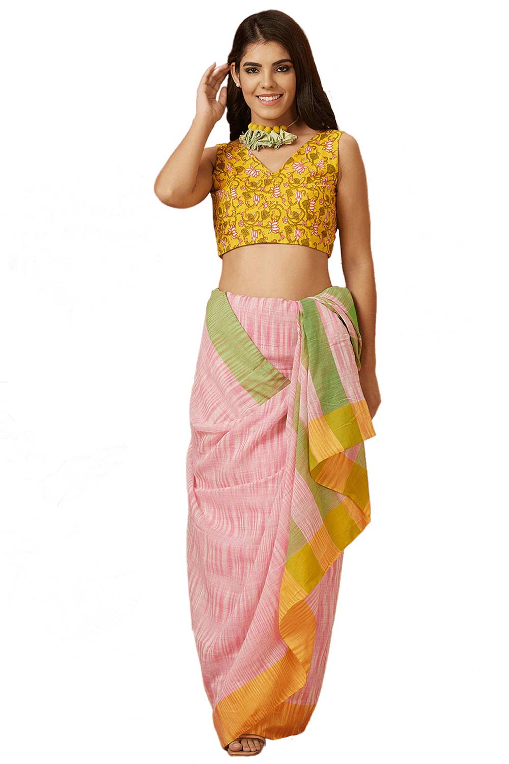 Buy Women's Yellow Cotton Readymade Saree Blouse Online - Zoom In