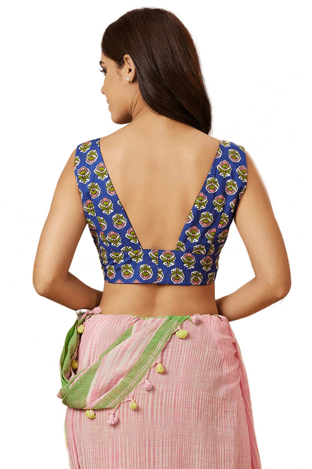 Buy Women's Blue Cotton Readymade Saree Blouse Online - Back