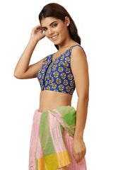 Buy Women's Blue Cotton Readymade Saree Blouse Online - Front