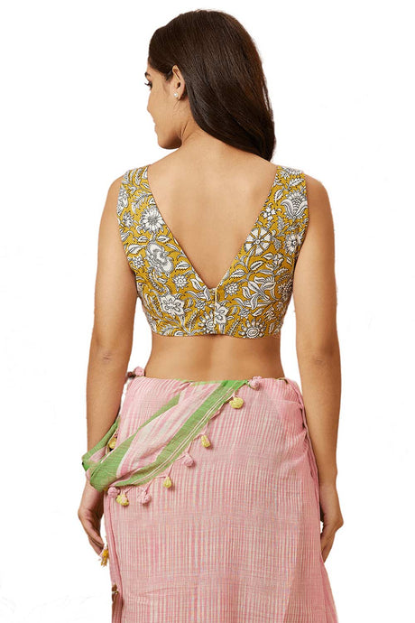 Buy Women's Yellow Cotton Readymade Saree Blouse Online - Back