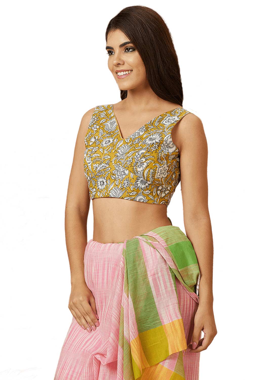 Buy Women's Yellow Cotton Readymade Saree Blouse Online - Front