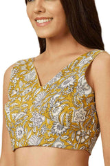 Buy Women's Yellow Cotton Readymade Saree Blouse Online - Side