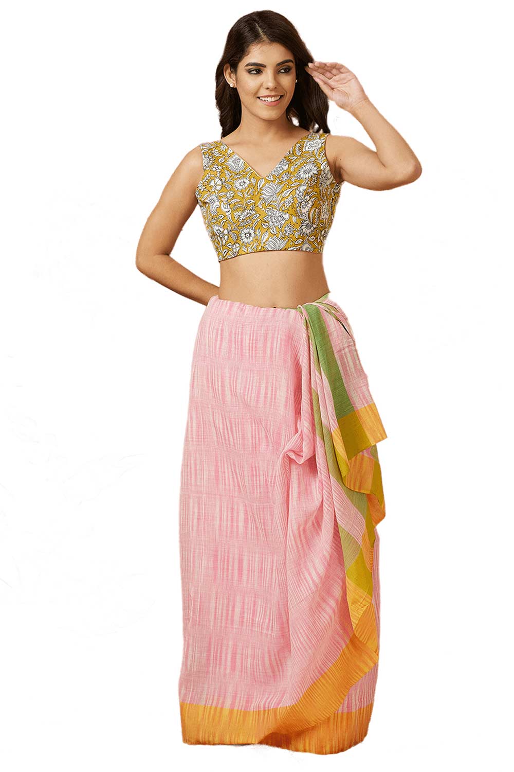 Buy Women's Yellow Cotton Readymade Saree Blouse Online - Zoom Out