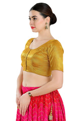 Buy Women's Dark Gold Polyester Readymade Saree Blouse Online - Front