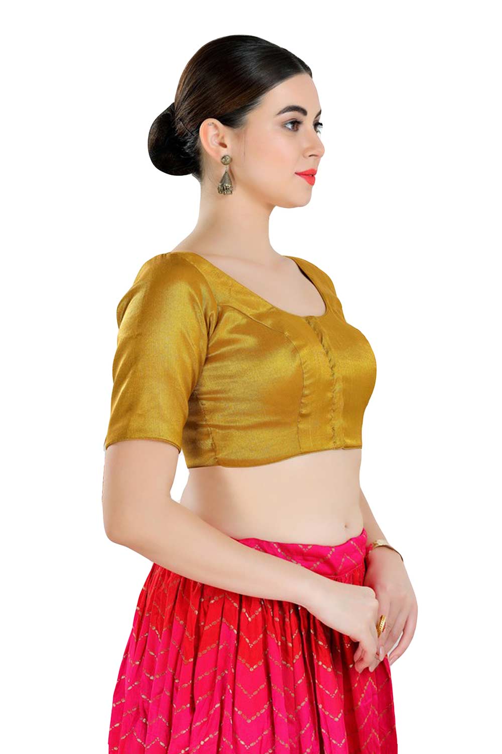 Buy Women's Dark Gold Polyester Readymade Saree Blouse Online - Side