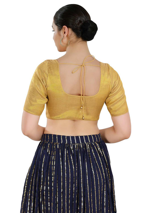 Buy Women's Gold Polyester Readymade Saree Blouse Online - Back