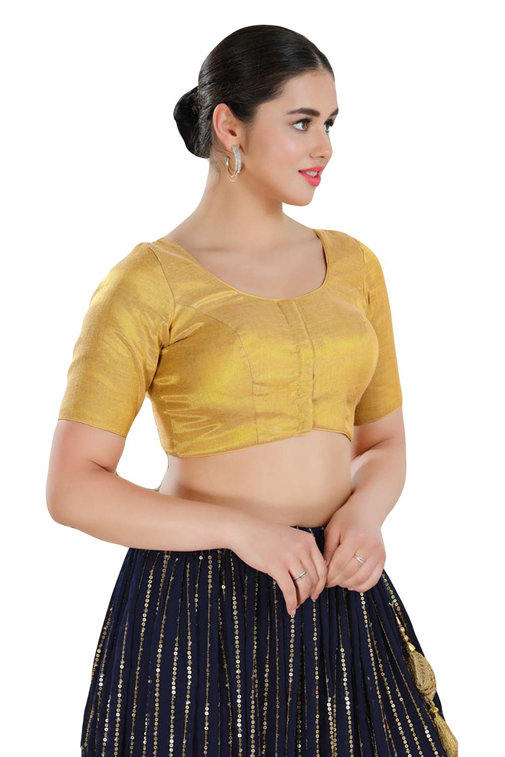 Buy Women's Gold Polyester Readymade Saree Blouse Online - Side