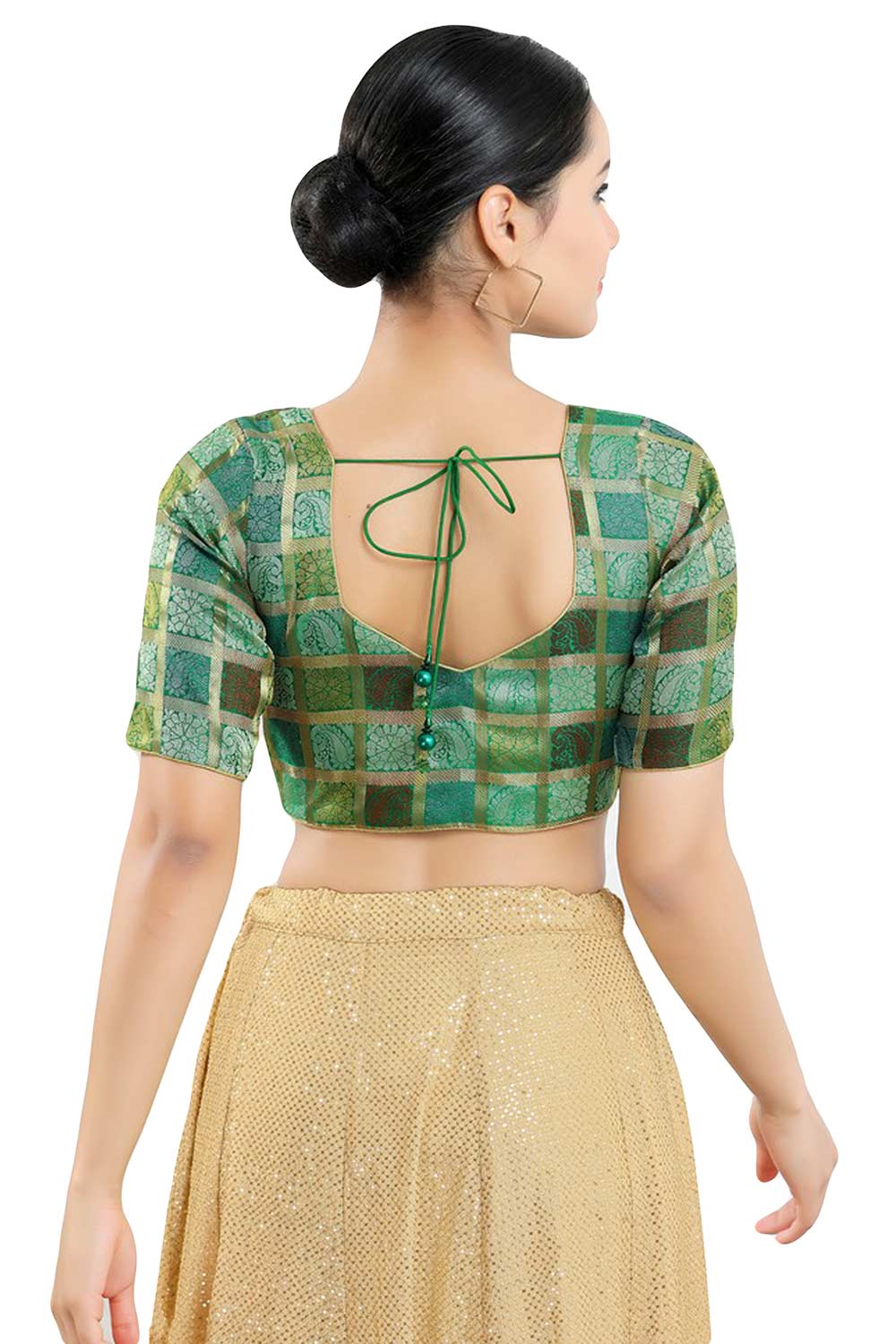 Buy Women's Green Jacquard Readymade Saree Blouse Online - Back