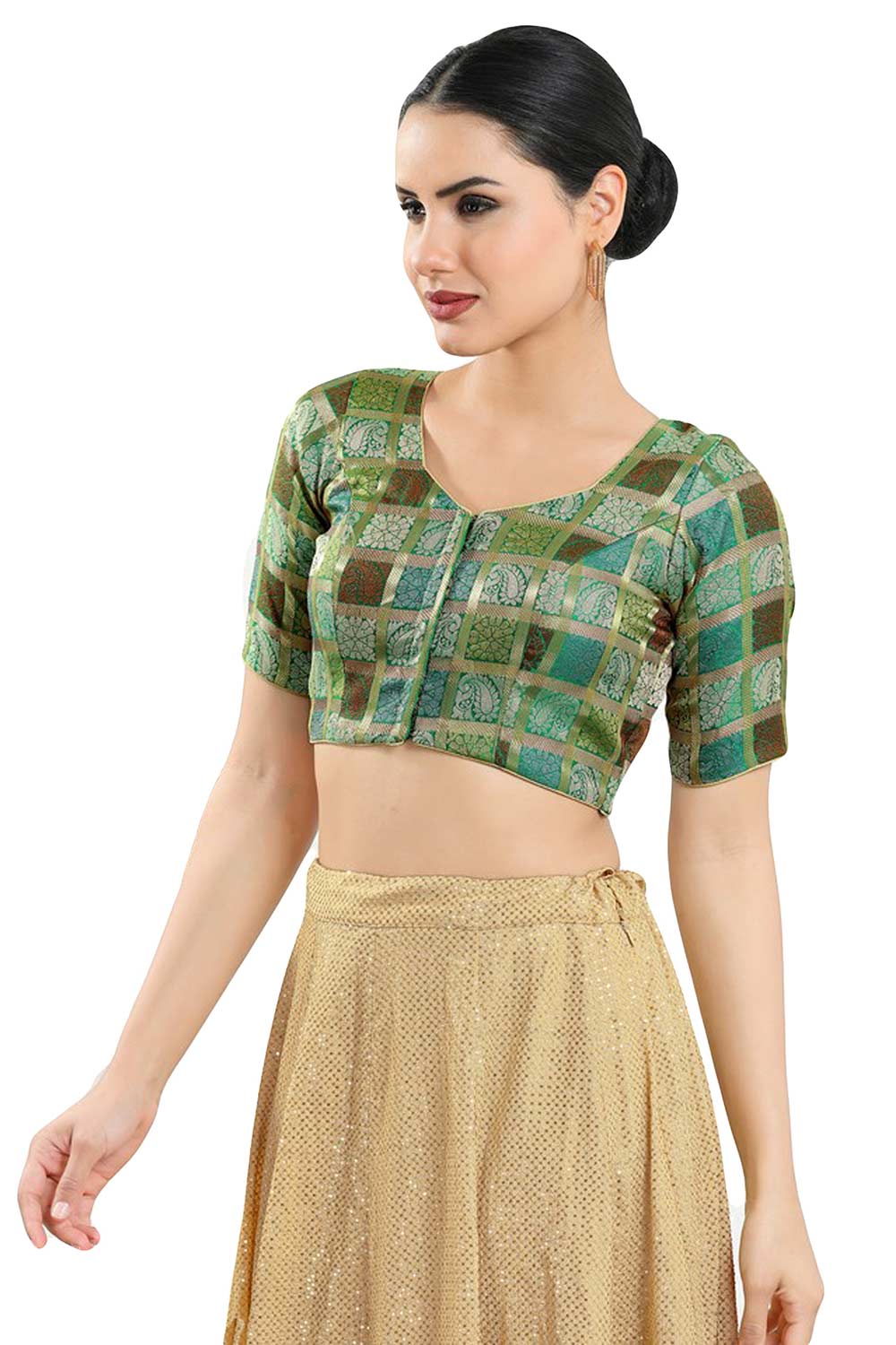 Buy Women's Green Jacquard Readymade Saree Blouse Online - Front