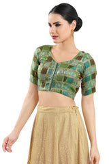 Buy Women's Green Jacquard Readymade Saree Blouse Online - Front