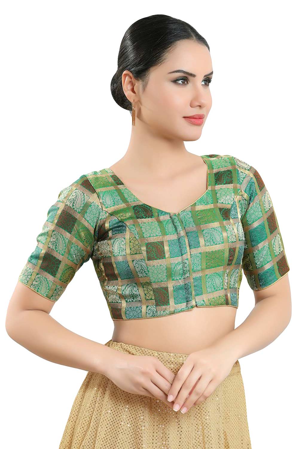 Buy Women's Green Jacquard Readymade Saree Blouse Online - Side