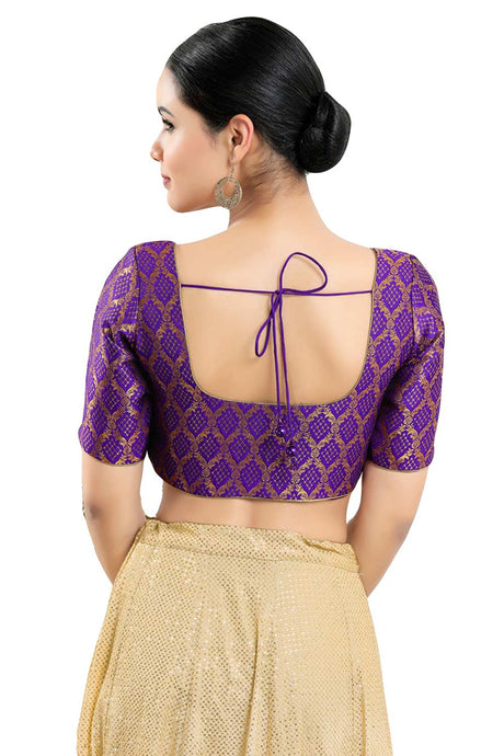 Buy Women's Brinjal Jacquard Readymade Saree Blouse Online - Back