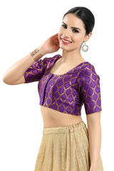 Buy Women's Brinjal Jacquard Readymade Saree Blouse Online - Front